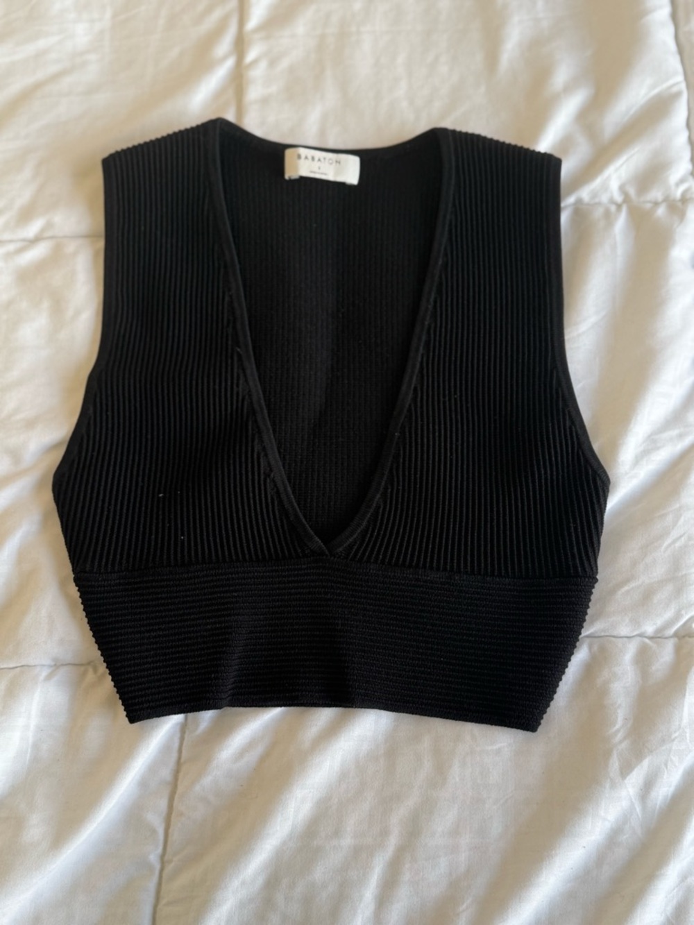 Babaton Black Ribbed Deep V Crop Top